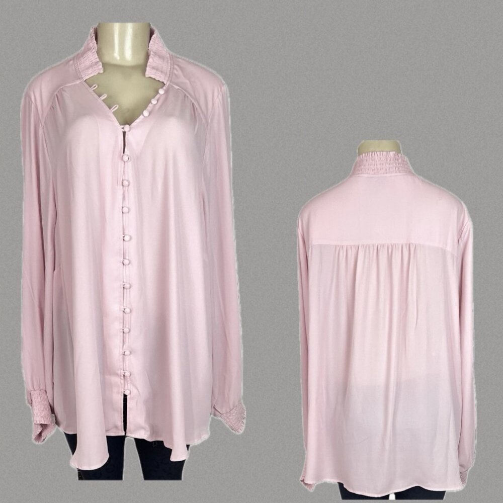 Torrid +4 Pink Sheer Loop Button Down Shirred Col… - image 1